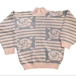Vintage 80s Pink & Gray Floral Striped Sweater Women’s Small Mock Neck